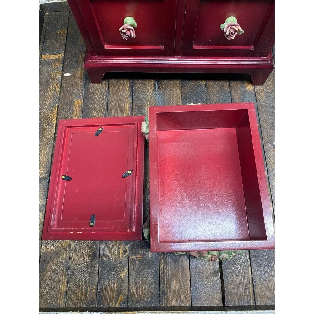 Set 2 Red Wood 4 Drawer Jewelry Chest With Resin Flowers And Trinket Photo Box